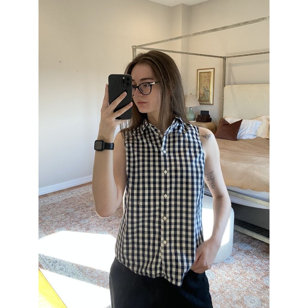 J.Crew Navy & White Gingham Sleeveless Button Down Tank Size M